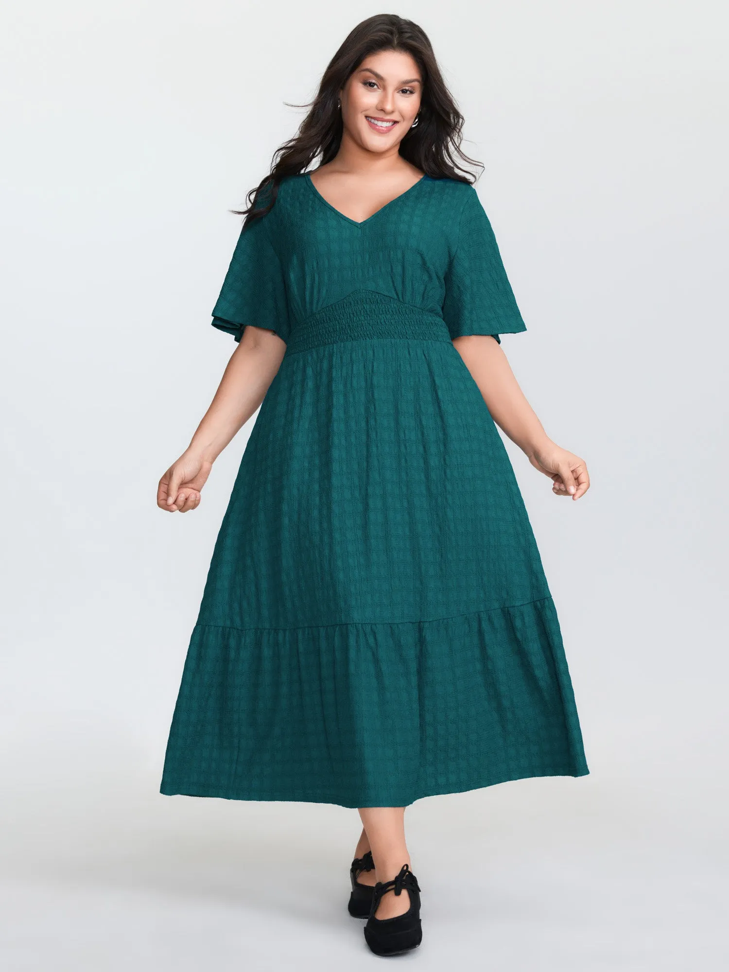 Textured V-Neck Shirred Waist Midi Dress sold by Bloomchic