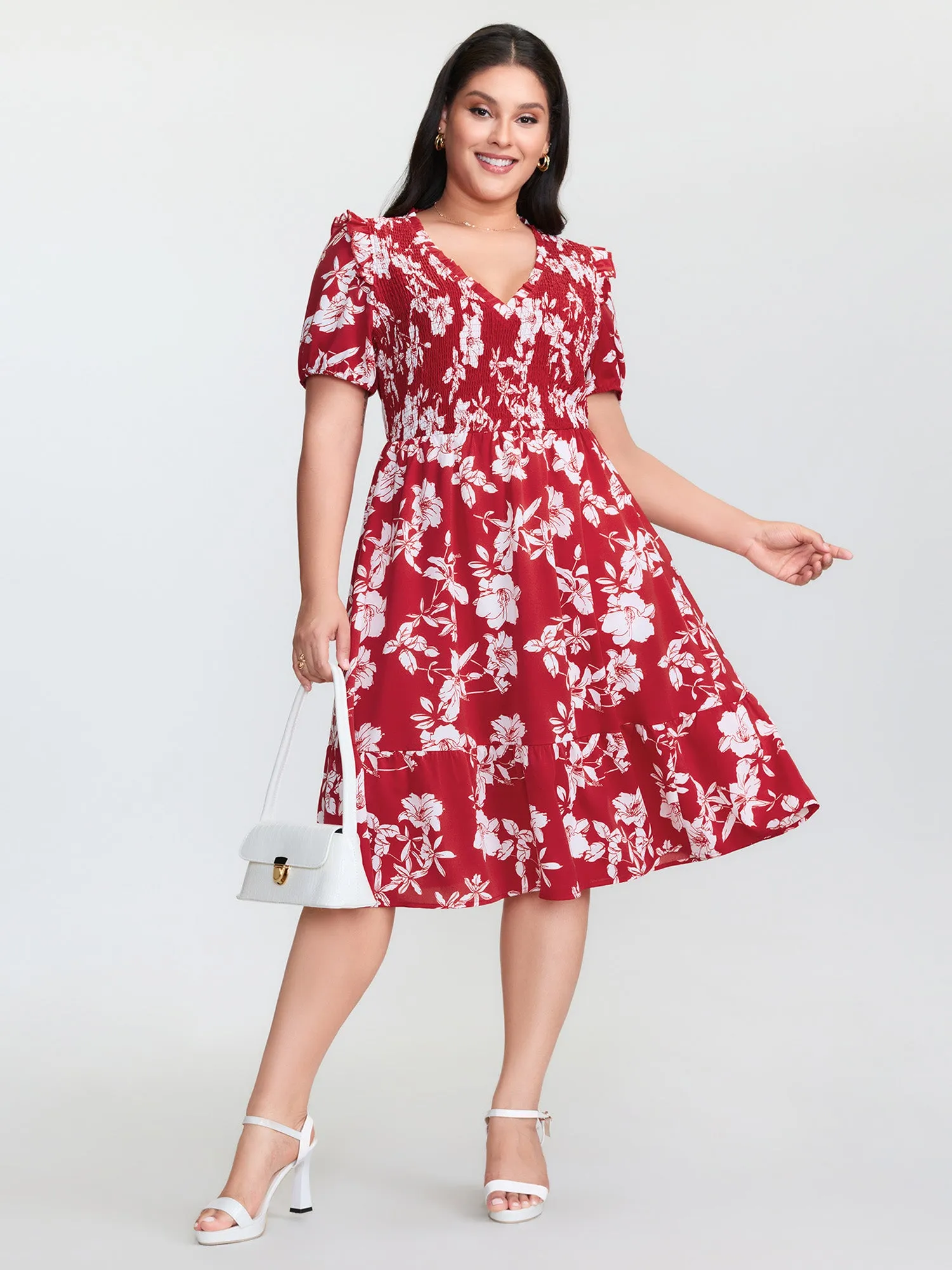 Floral Print Shirred Front Flutter Sleeve Midi Dress sold by Bloomchic product image thumbnail 3