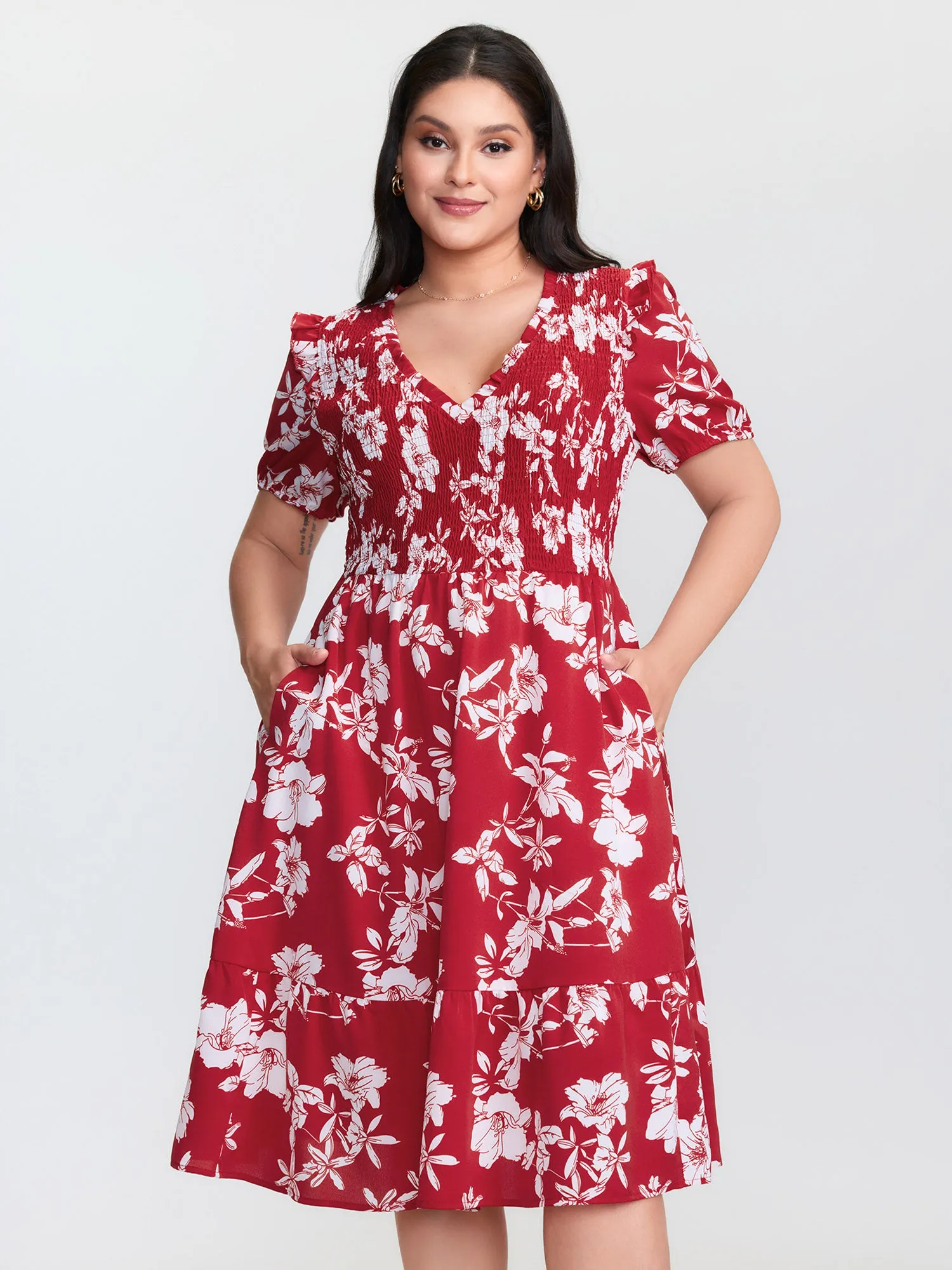 Floral Print Shirred Front Flutter Sleeve Midi Dress sold by Bloomchic