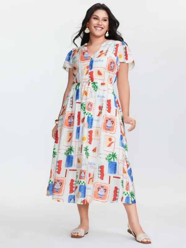 Colorful Geometric Print Notched Collar Midi Dress made by Bloomchic