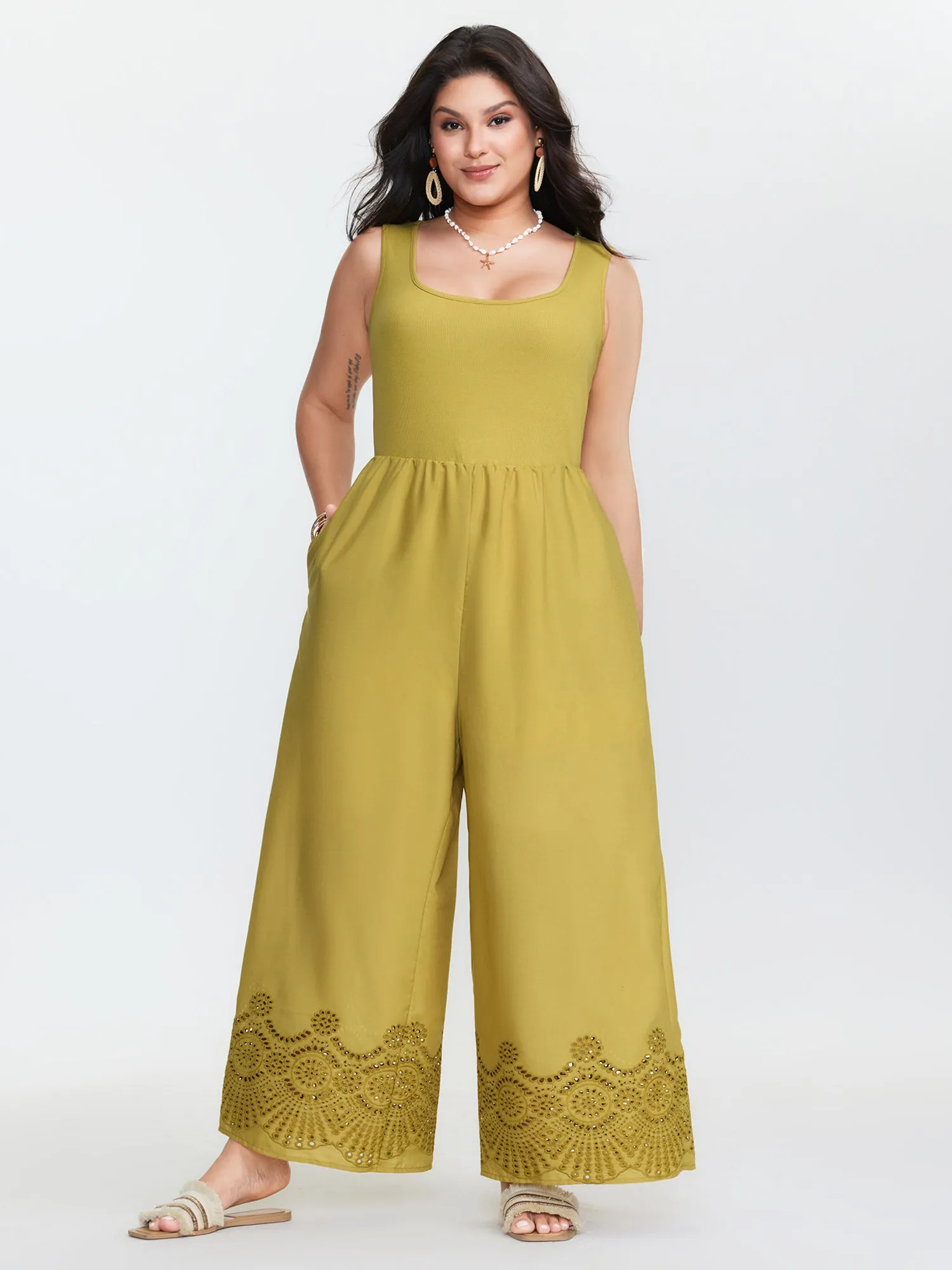 Scallop Embroidered Hem Sleeveless Jumpsuit sold by Bloomchic
