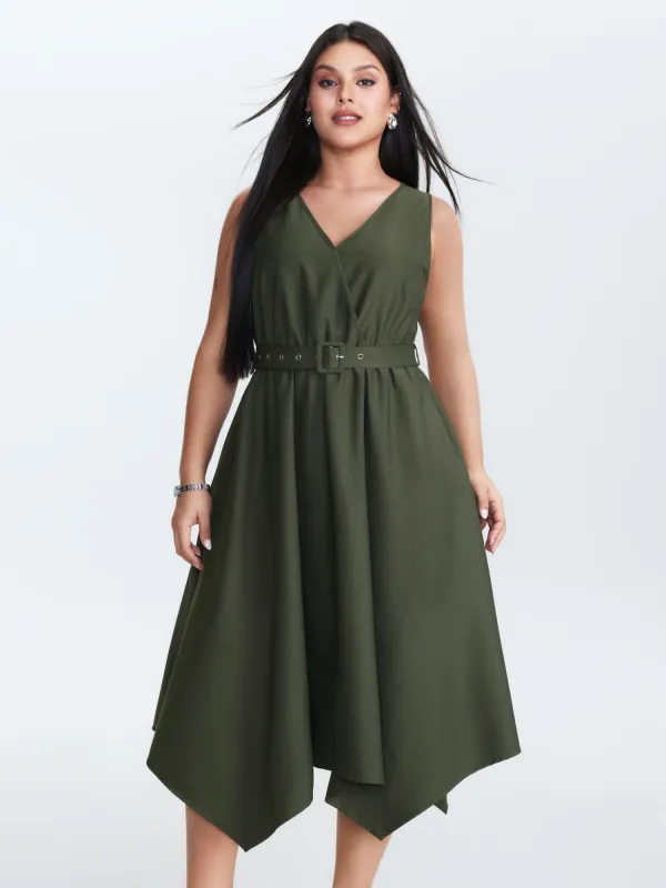 Waist-Tie Asymmetrical Hem Pockets Midi Dress sold by Bloomchic