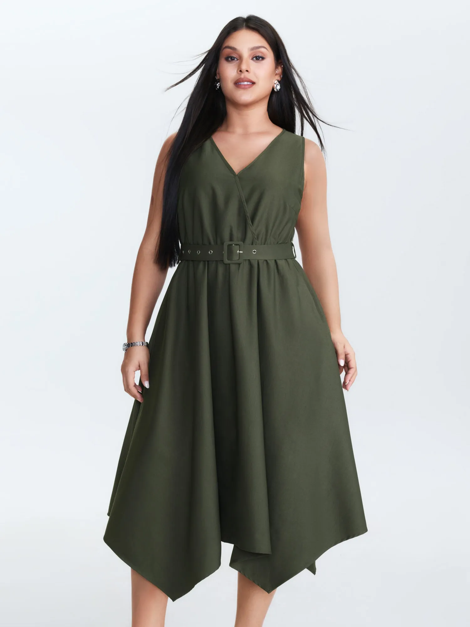 Waist-Tie Asymmetrical Hem Pockets Midi Dress sold by Bloomchic