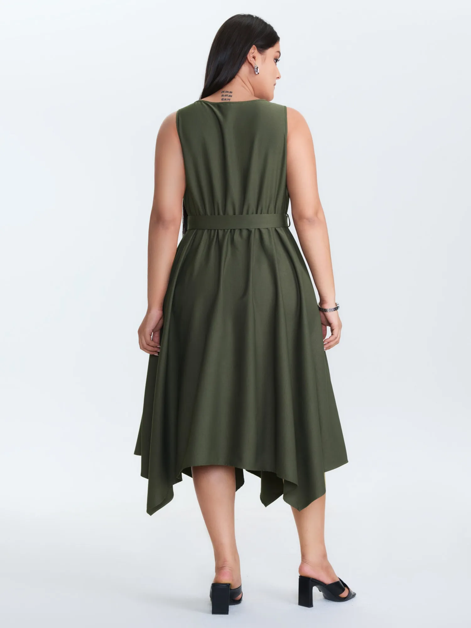 Waist-Tie Asymmetrical Hem Pockets Midi Dress sold by Bloomchic product image thumbnail 4