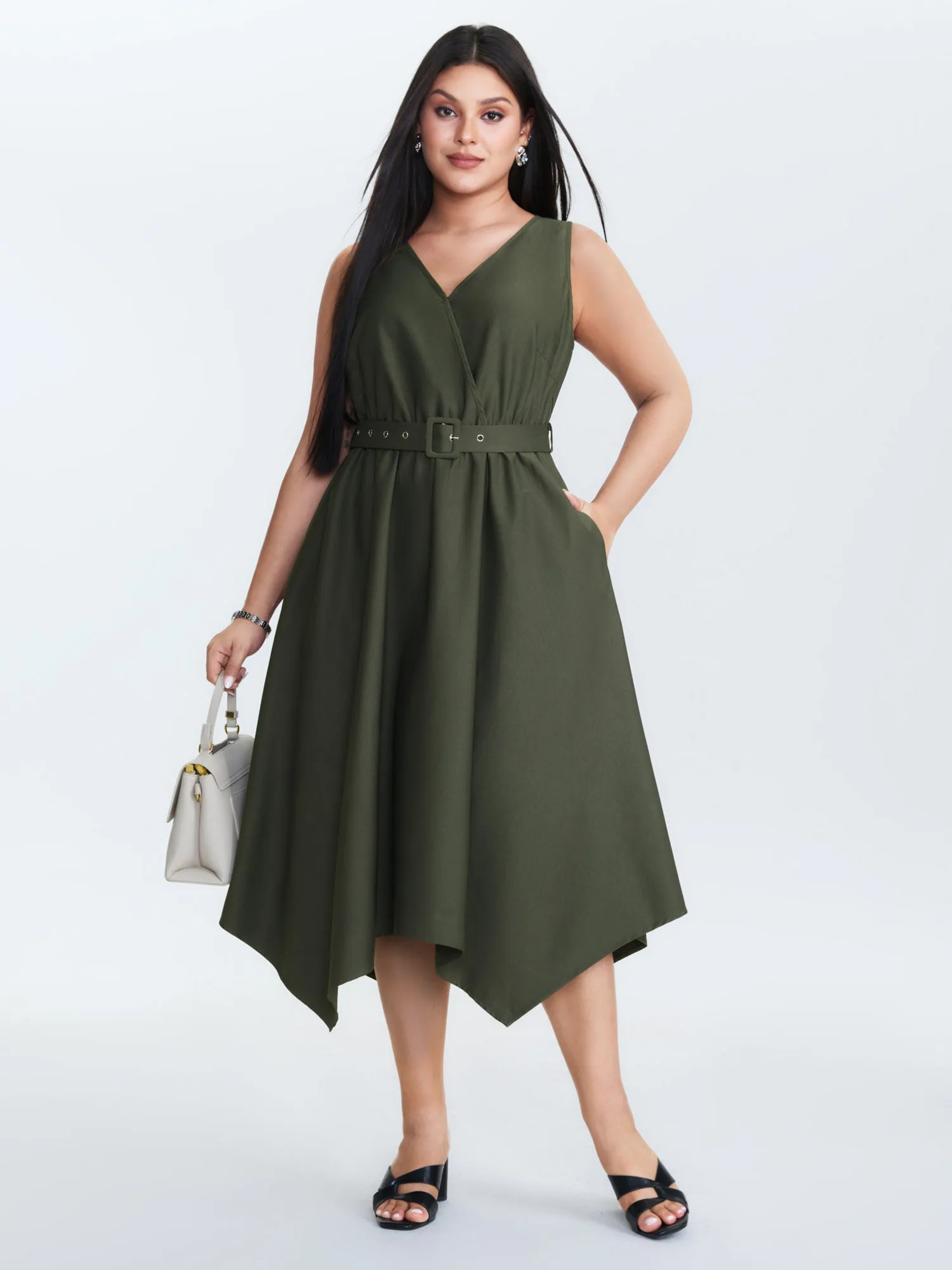 Waist-Tie Asymmetrical Hem Pockets Midi Dress sold by Bloomchic product image thumbnail 3