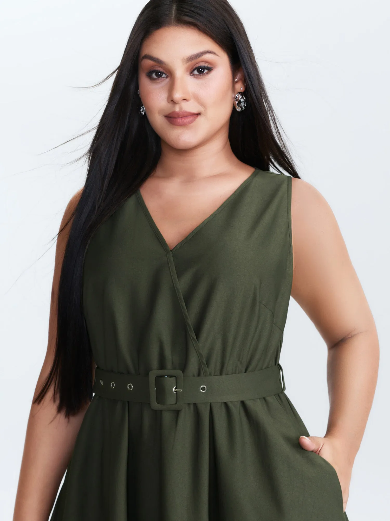 Waist-Tie Asymmetrical Hem Pockets Midi Dress sold by Bloomchic product image thumbnail 2