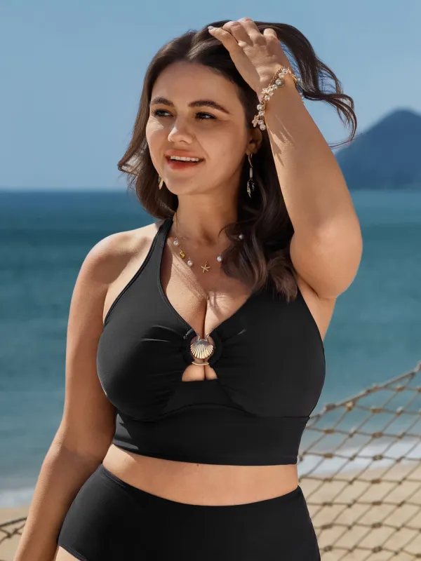 Metal Buckle Ruched Cut-Out Swim Top made by Bloomchic