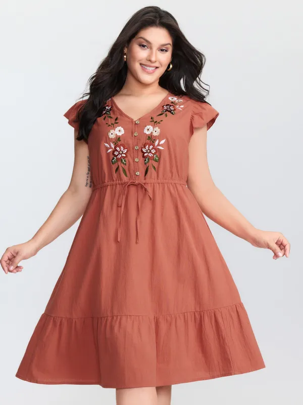 Cotton Floral Embroidery Tiered Midi Dress sold by Bloomchic