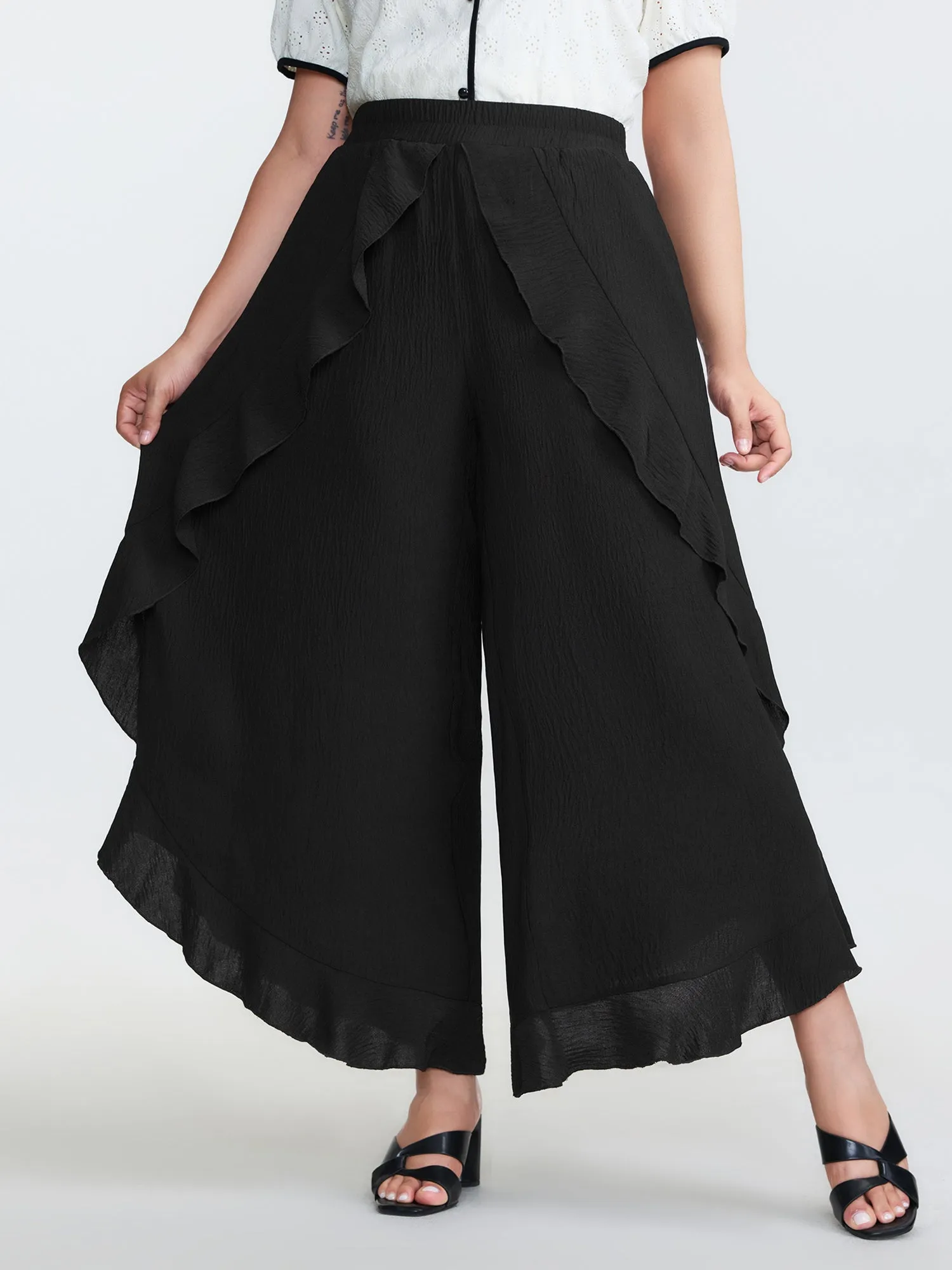 Stretchy Ruffled Trim Wide-Leg Pants sold by Bloomchic