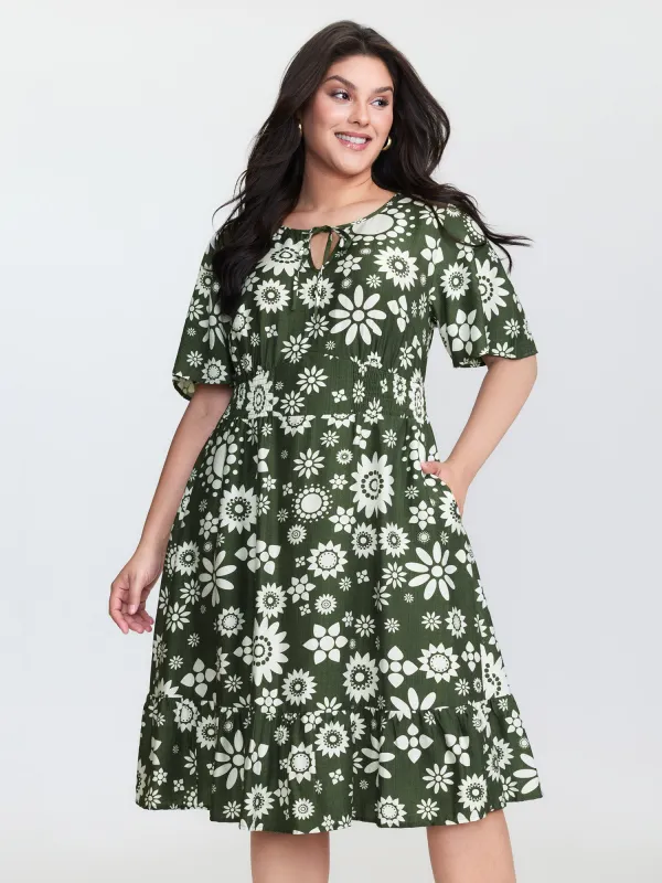 Monochrome Floral Print Shirred Midi Dress sold by Bloomchic