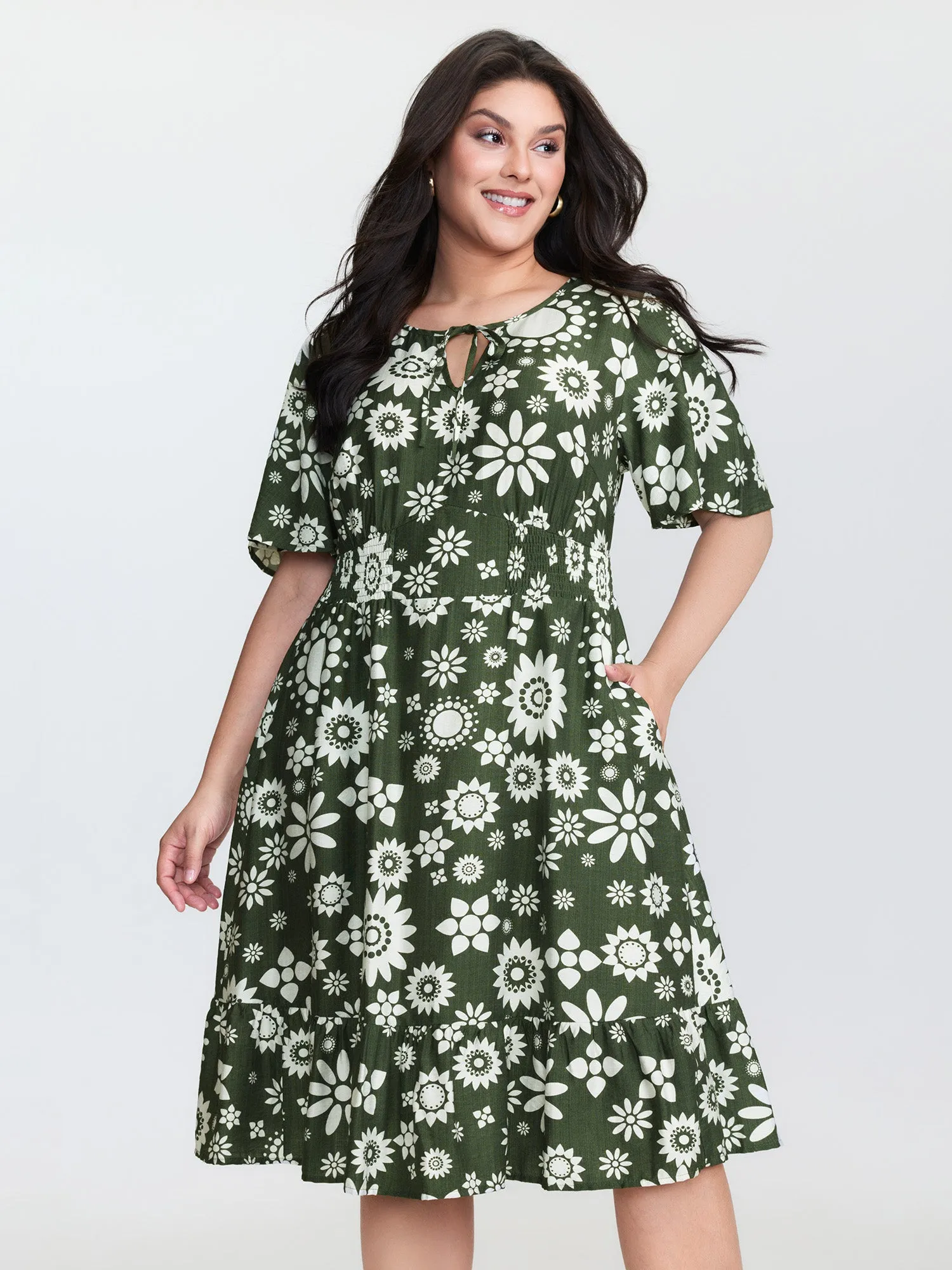 Monochrome Floral Print Shirred Midi Dress sold by Bloomchic