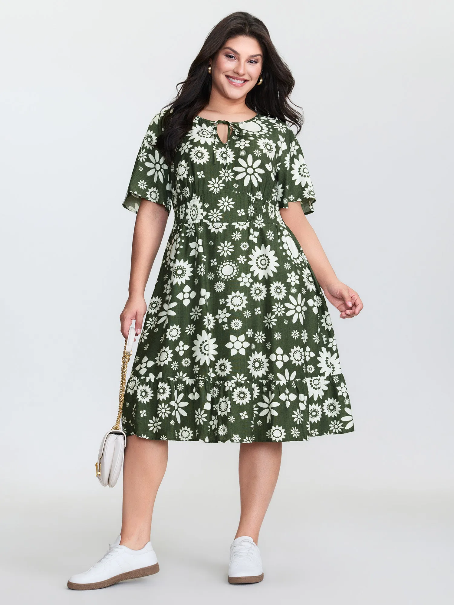 Monochrome Floral Print Shirred Midi Dress sold by Bloomchic product image thumbnail 3