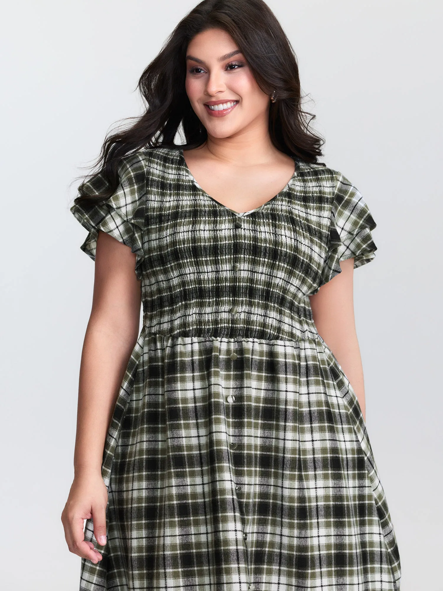 Checkered Print Shirred Waist Button Midi Dress sold by Bloomchic product image thumbnail 3