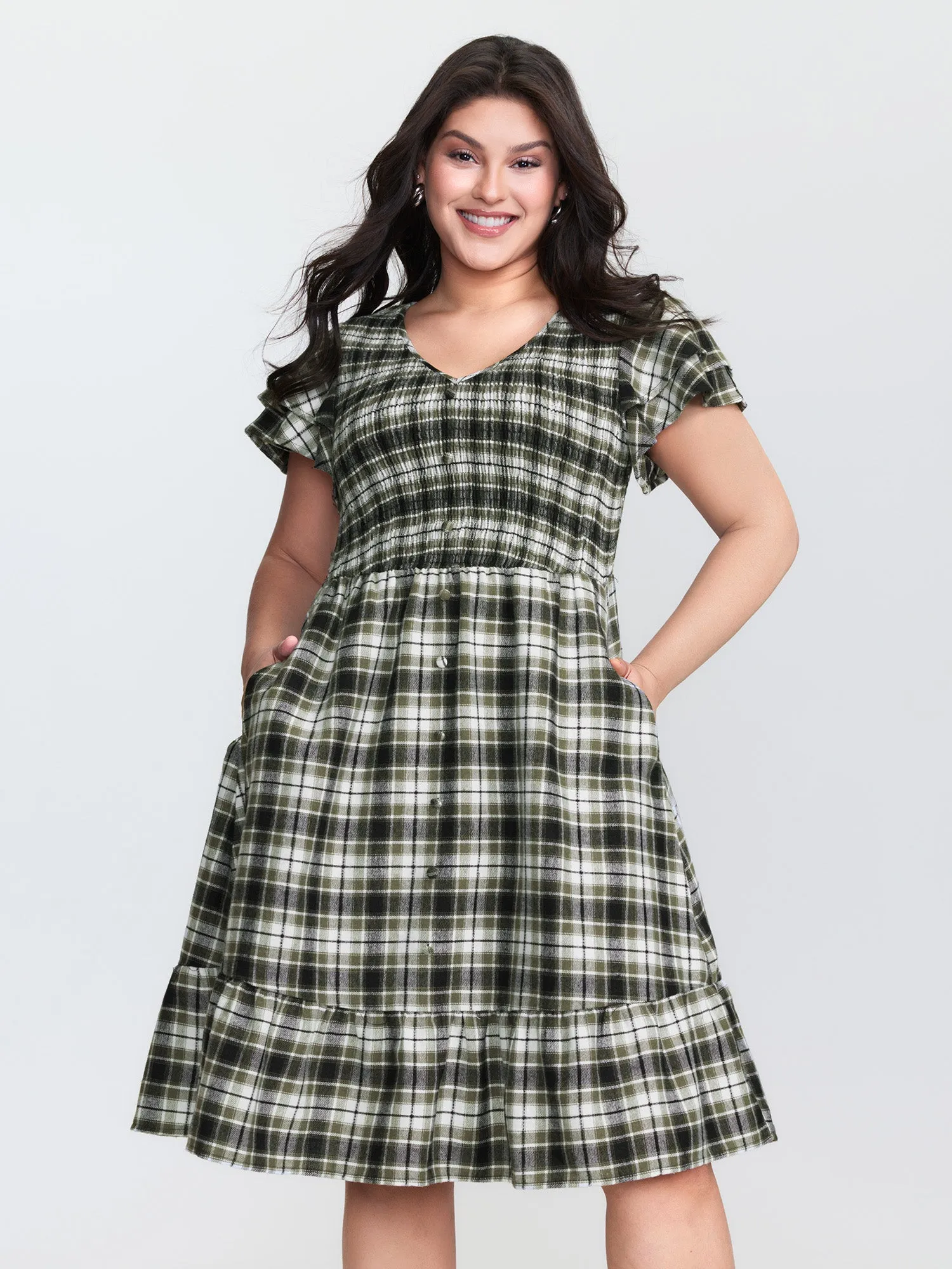 Checkered Print Shirred Waist Button Midi Dress sold by Bloomchic