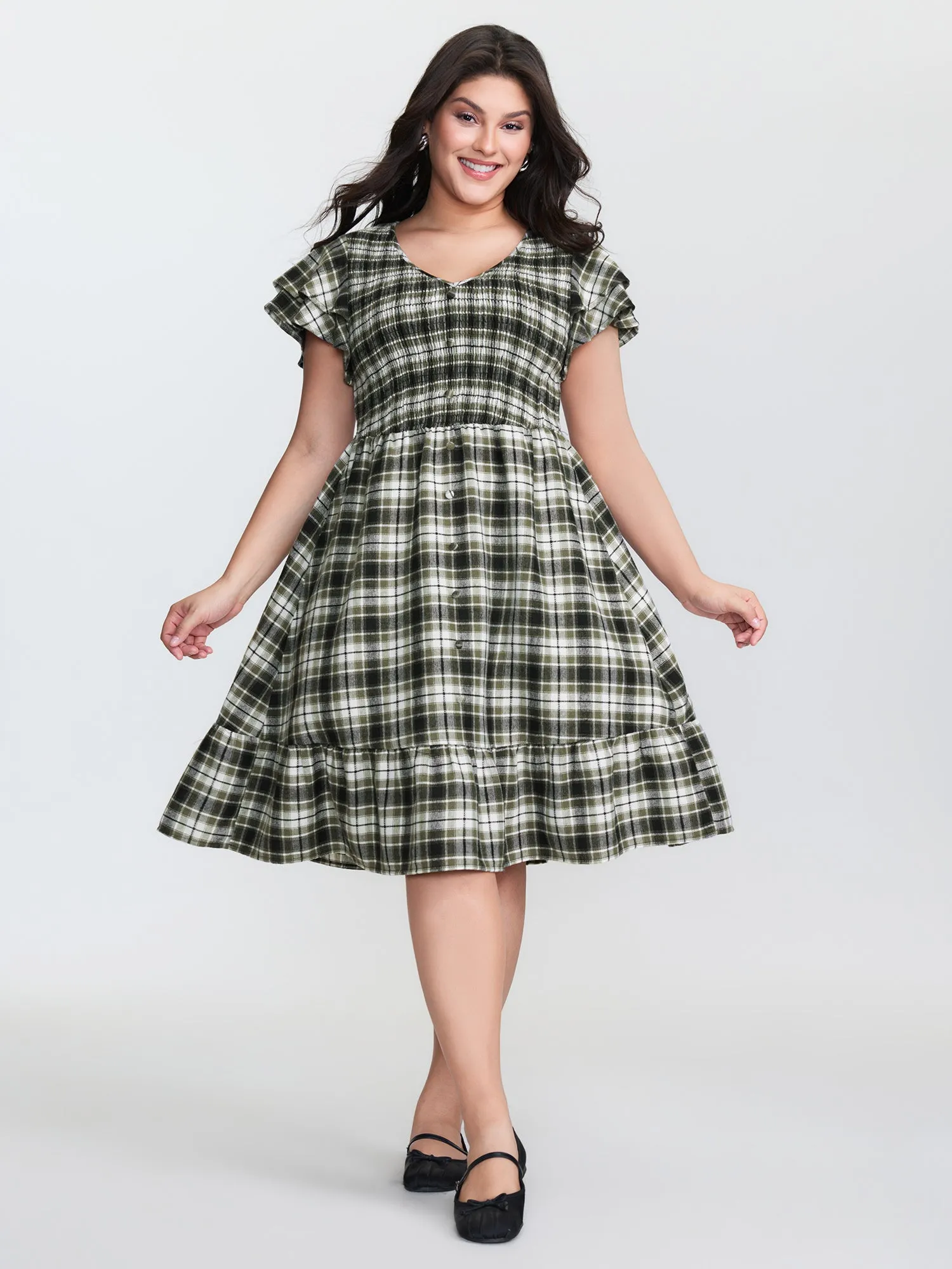 Checkered Print Shirred Waist Button Midi Dress sold by Bloomchic product image thumbnail 2