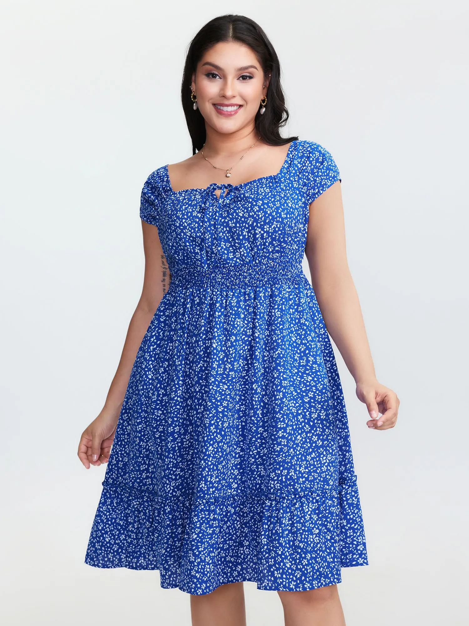 Micro Floral Print Bow-Tie Neckline Midi Dress sold by Bloomchic