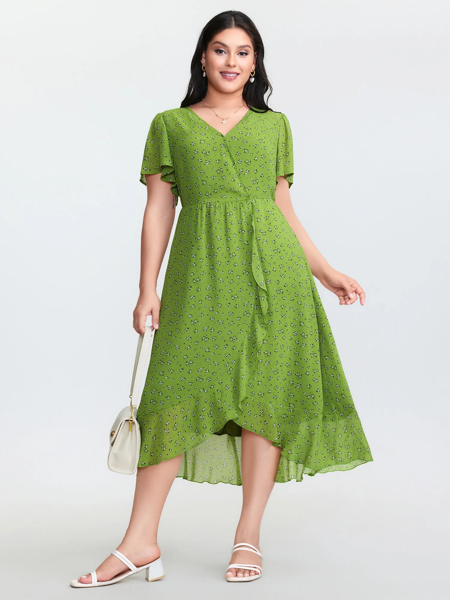 Floral Print Wrap Neck Ruffled Edge Midi Dress sold by Bloomchic