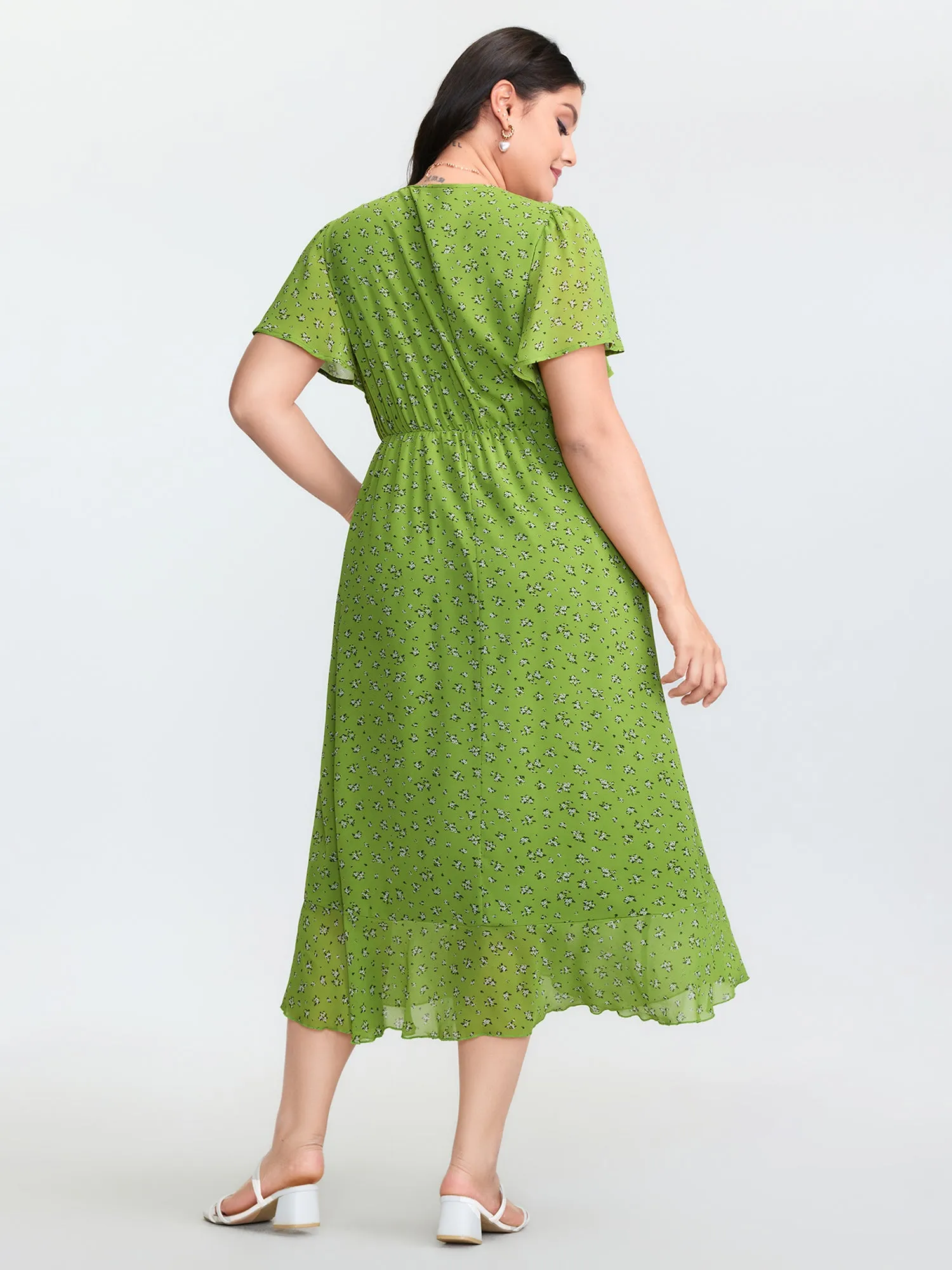 Floral Print Wrap Neck Ruffled Edge Midi Dress sold by Bloomchic product image thumbnail 4