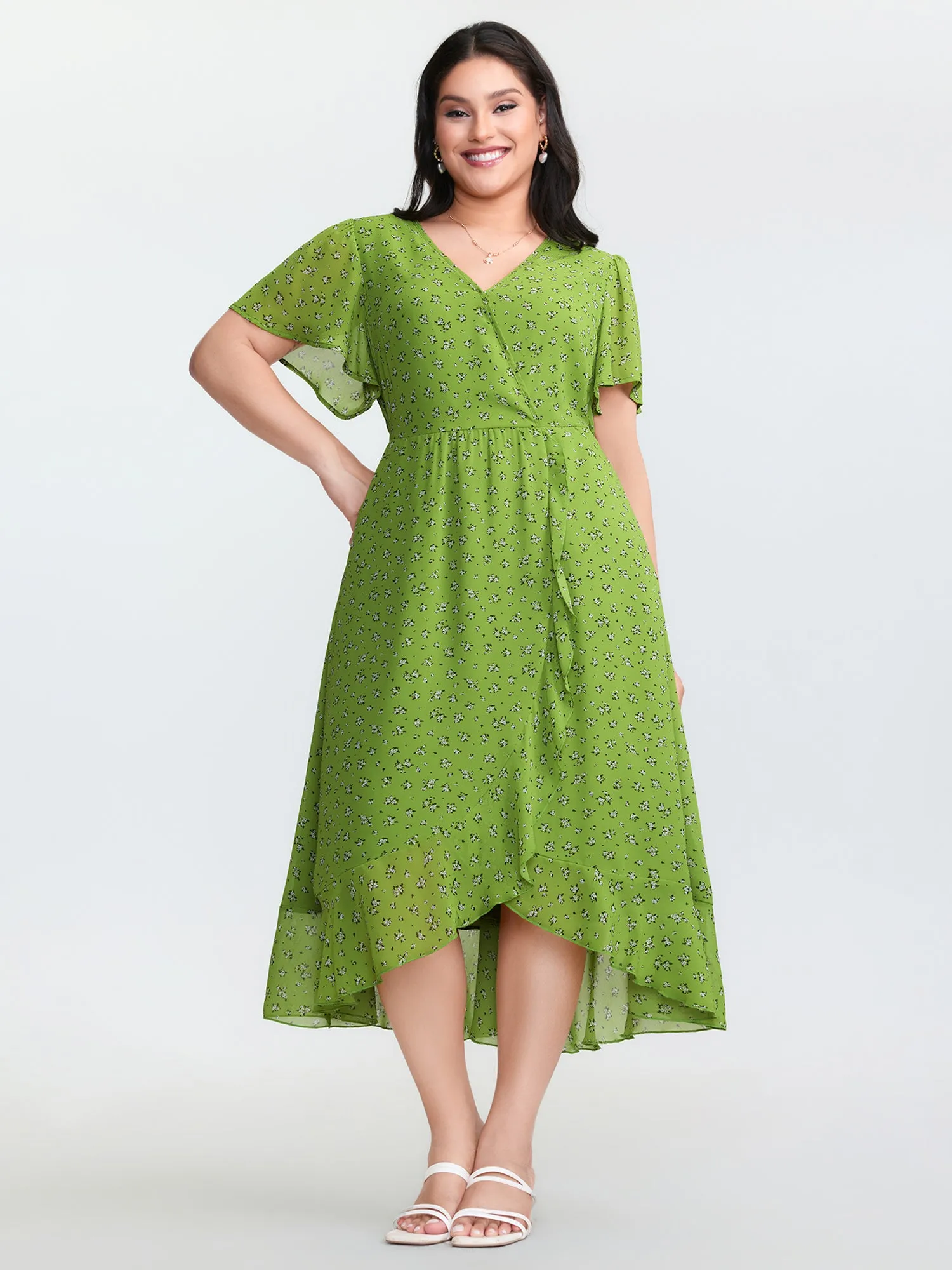 Floral Print Wrap Neck Ruffled Edge Midi Dress sold by Bloomchic product image thumbnail 3