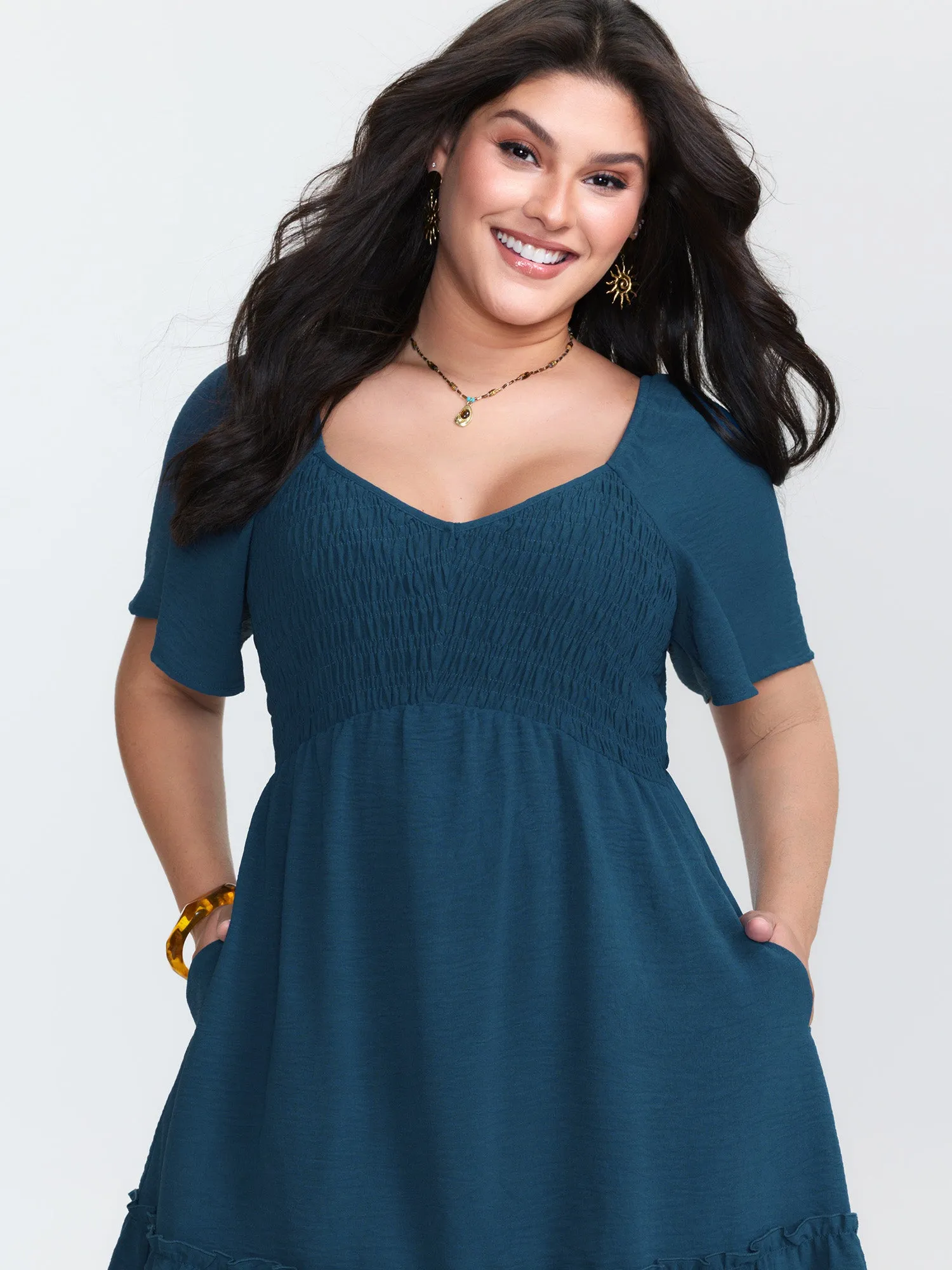 Shirred Bodice Ruffle Hem Flowy Mini Dress sold by Bloomchic product image thumbnail 3