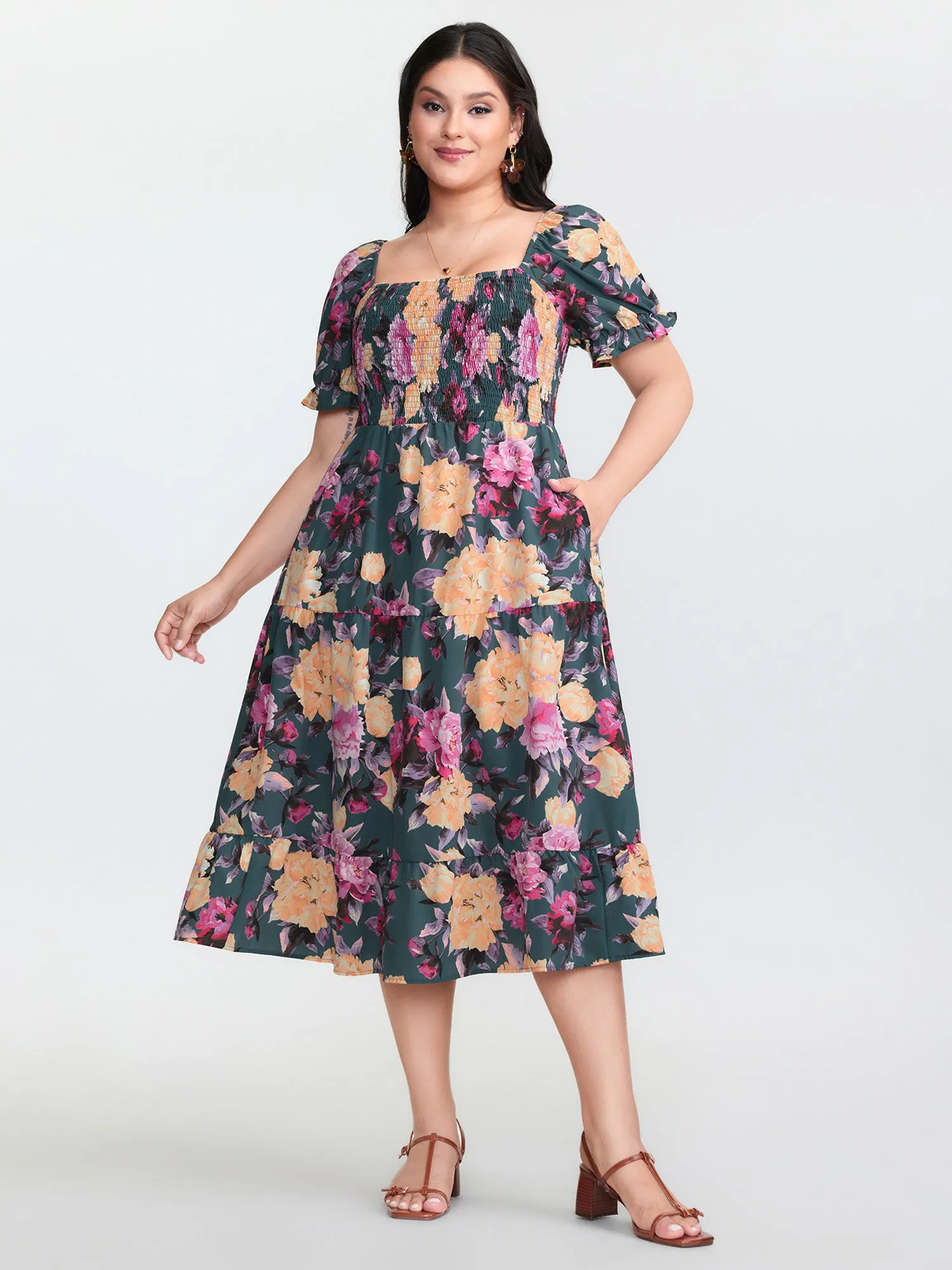 Floral Print Shirred Bodice Midi Dress sold by Bloomchic product image thumbnail 3