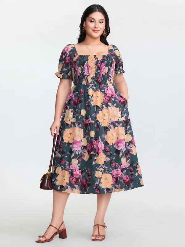 Floral Print Shirred Bodice Midi Dress sold by Bloomchic
