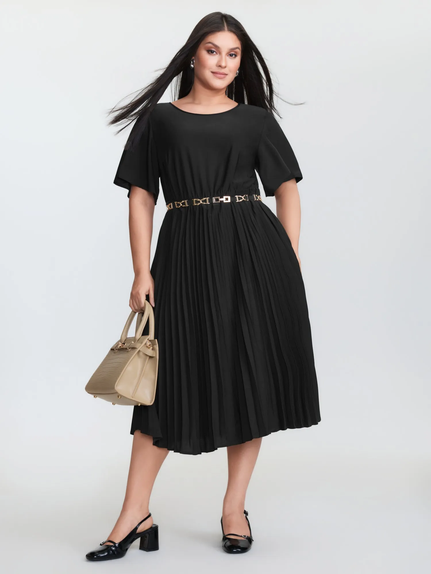 Plicated Detail Flared Sleeve Midi Dress sold by Bloomchic product image thumbnail 3
