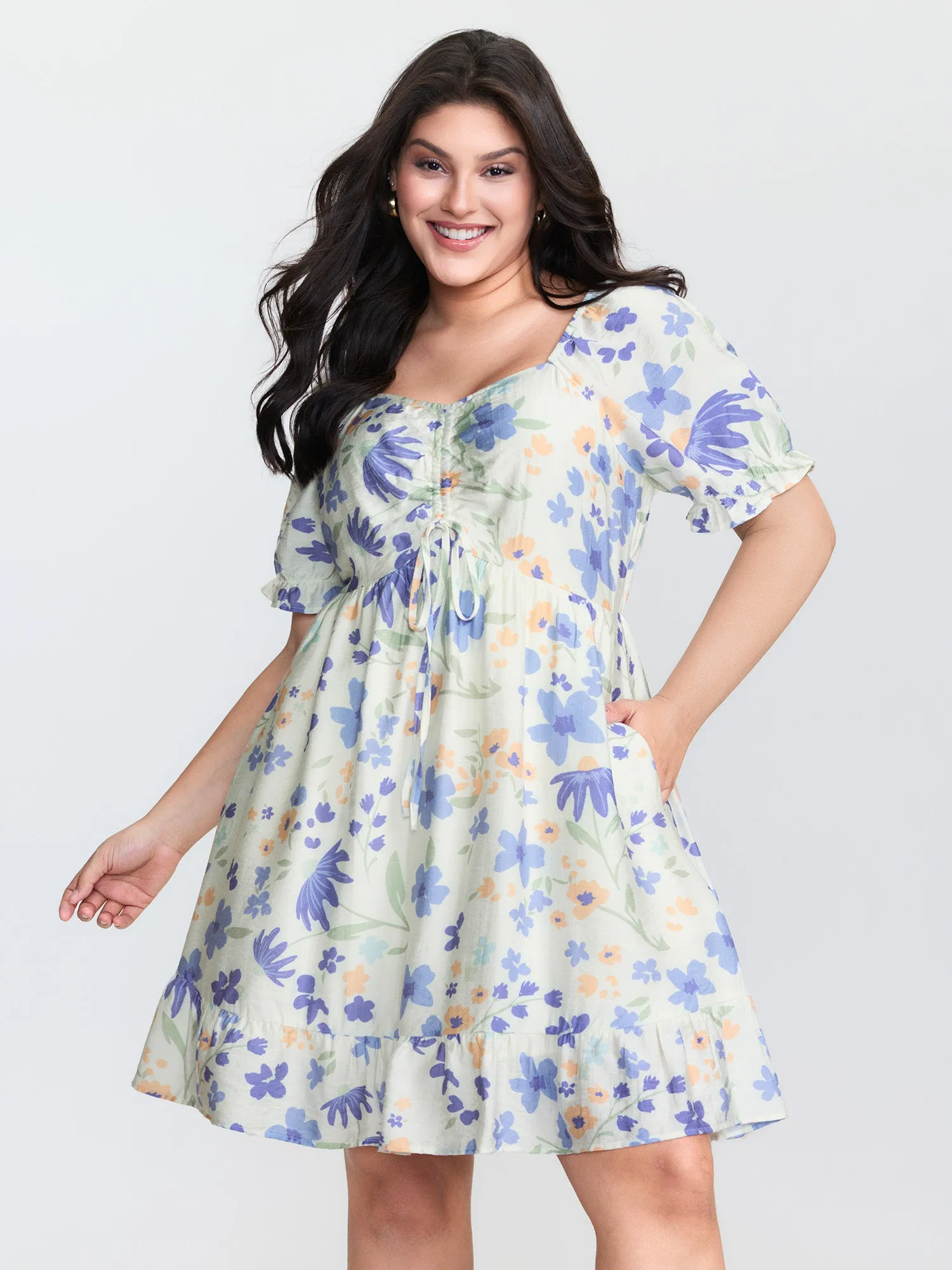 Floral Print Ruched Bodice Ruffled Short Dress sold by Bloomchic