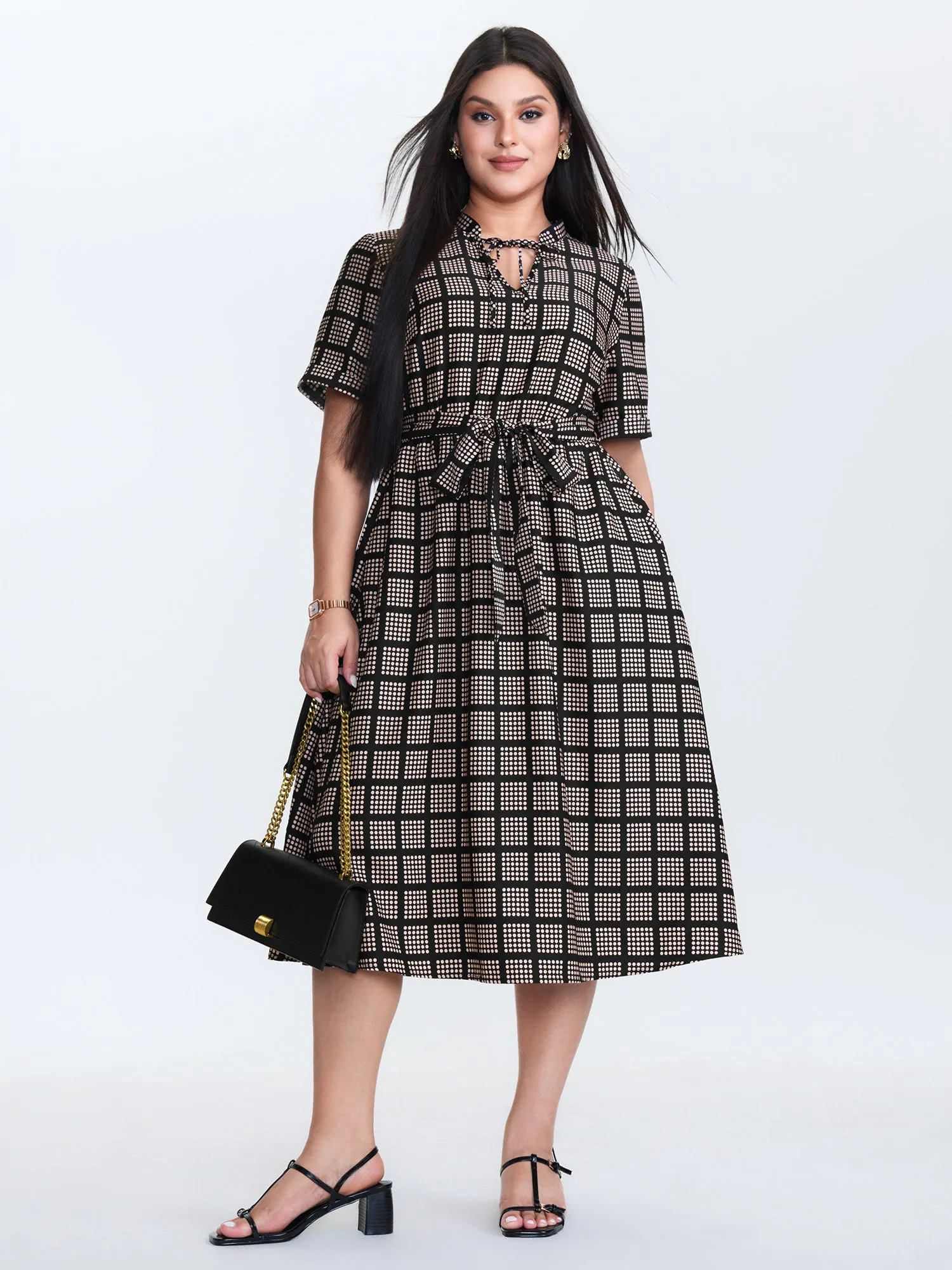 Grid Print Collar Waist-Tie Midi Dress sold by Bloomchic