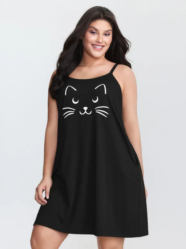 Stretchy Cat Print Cami Nightgown made by Bloomchic