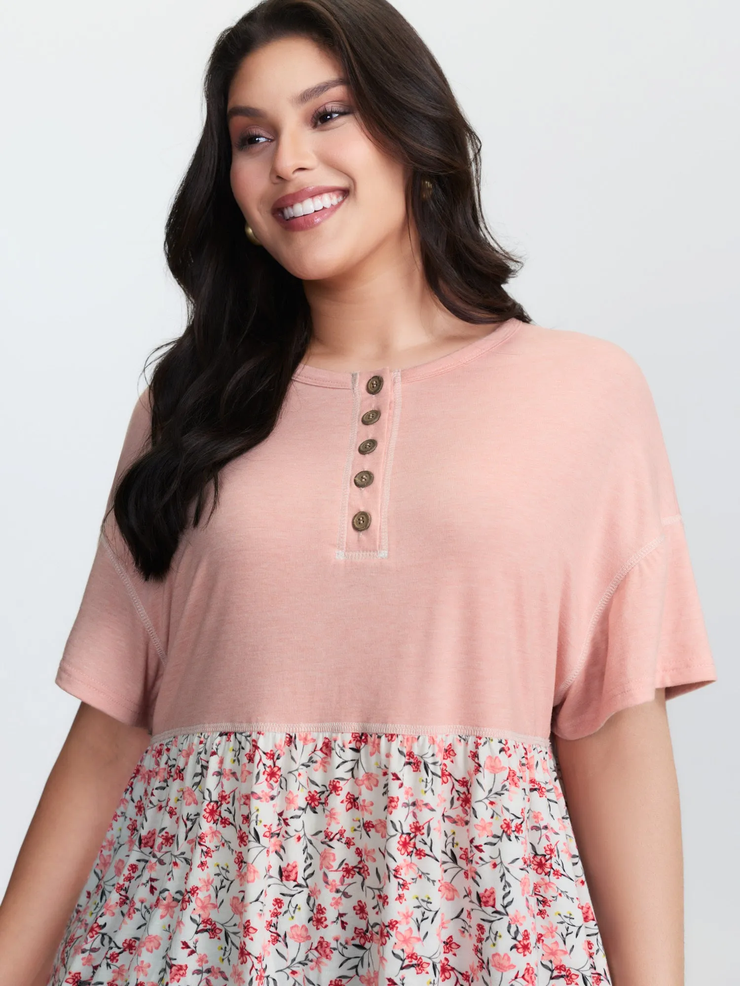 Floral Print Color Contrast Placket T-Shirt sold by Bloomchic product image thumbnail 2