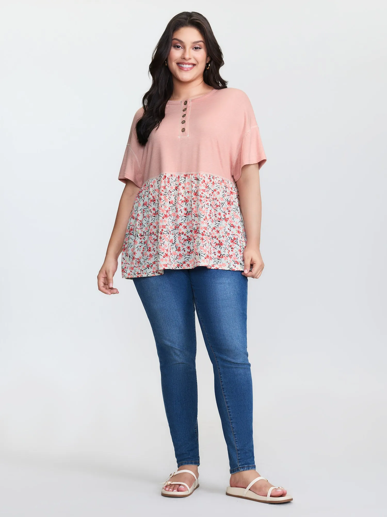 Floral Print Color Contrast Placket T-Shirt sold by Bloomchic product image thumbnail 3