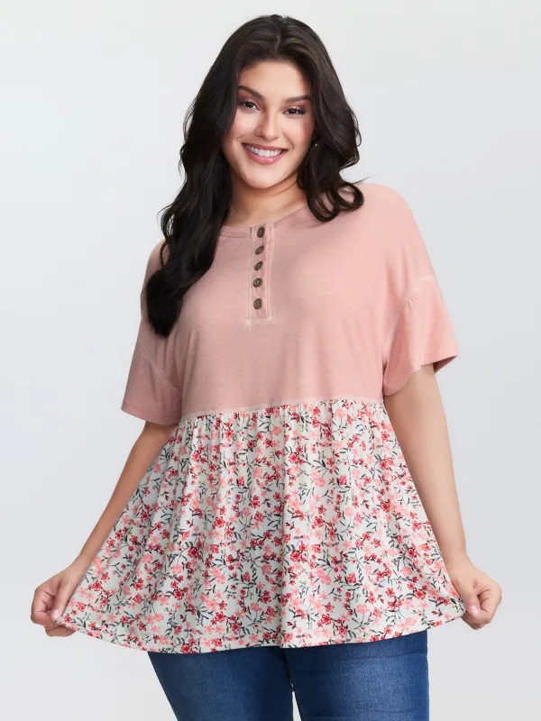 Floral Print Color Contrast Placket T-Shirt made by Bloomchic