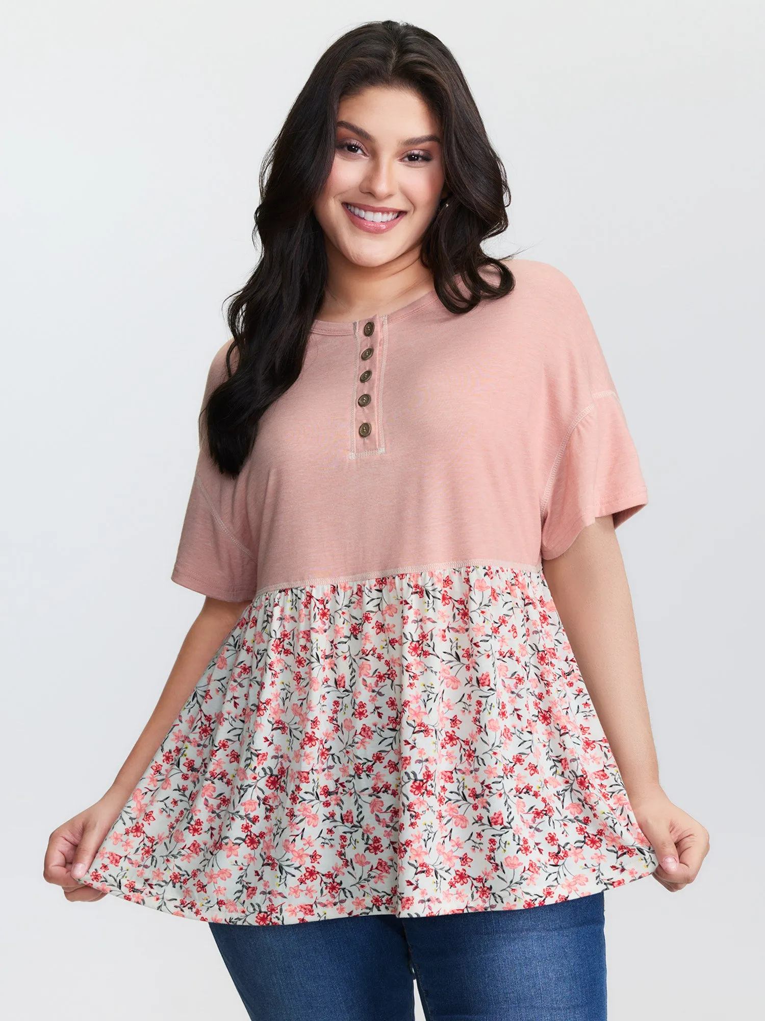 Floral Print Color Contrast Placket T-Shirt sold by Bloomchic