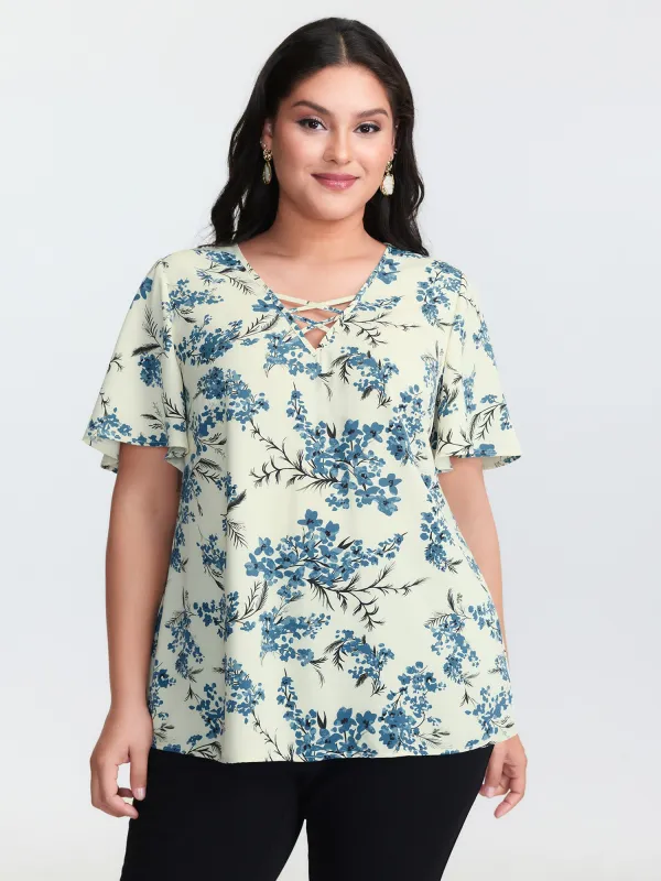 Floral Print Cut-Out Neckline Blouse sold by Bloomchic