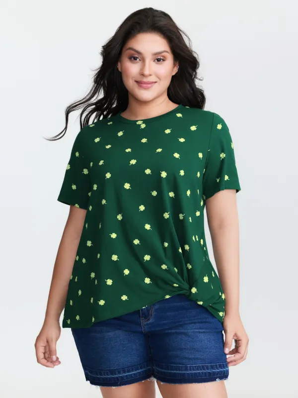 Four Leaf Clover Print Knotted Side T-Shirt made by Bloomchic
