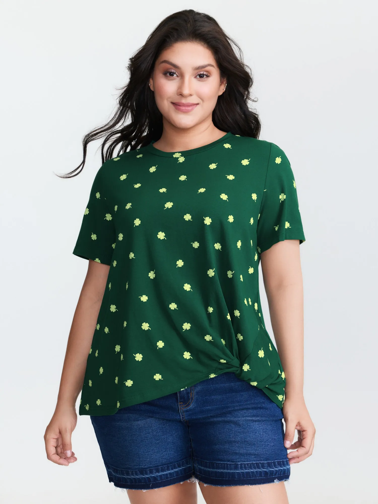 Four Leaf Clover Print Knotted Side T-Shirt sold by Bloomchic