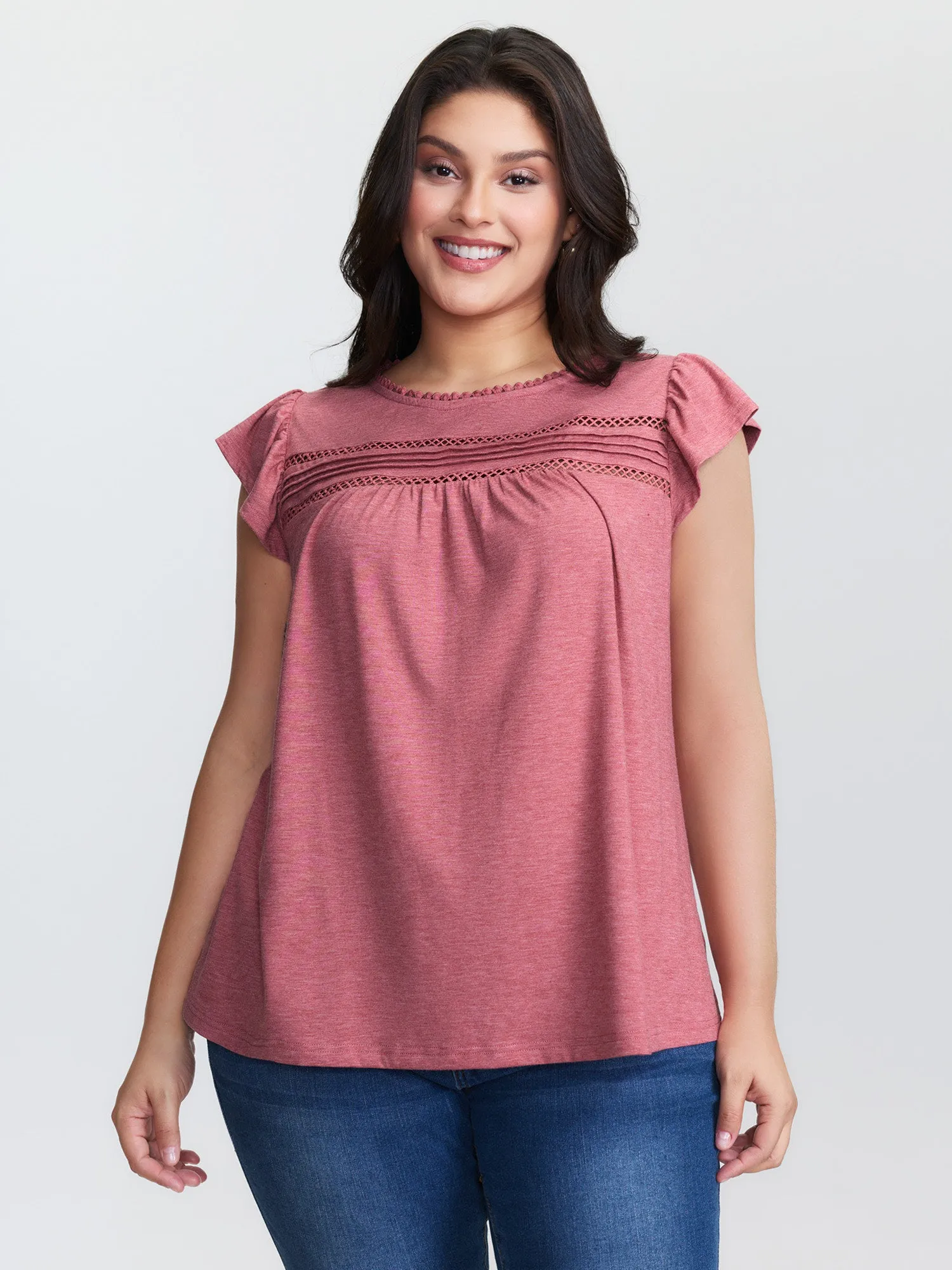 Supersoft Flutter Sleeve Lace Trim Knit Top sold by Bloomchic