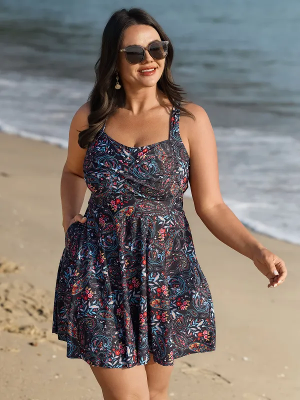 Paisley Print Crossstraps Pockets Swim Dress made by Bloomchic
