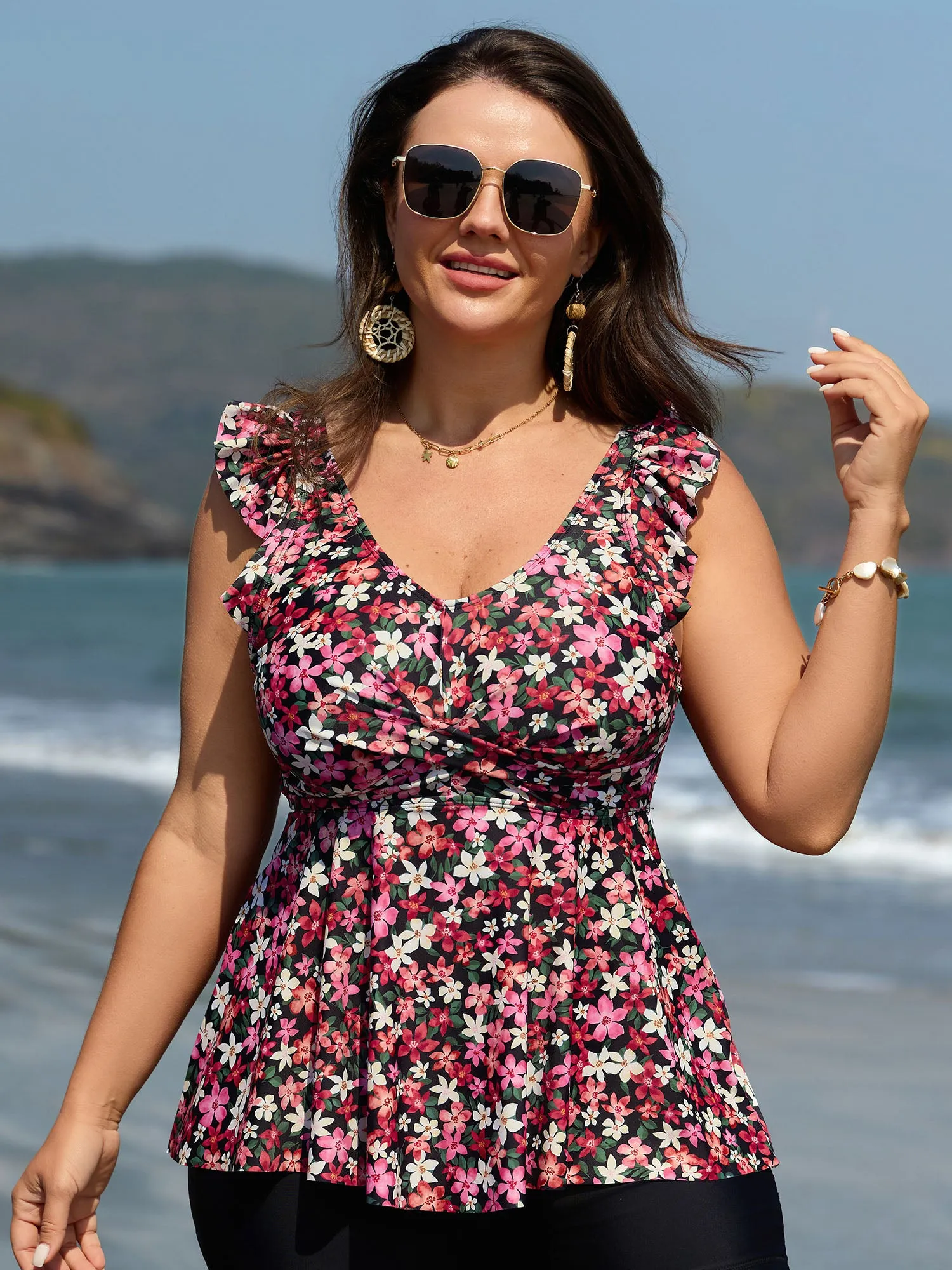 Floral Print Flutter Sleeve Swim Top sold by Bloomchic
