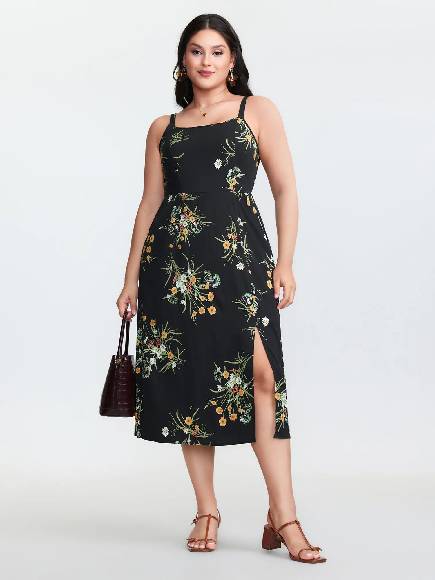 Large Floral Print Slit Shirred Midi Dress sold by Bloomchic