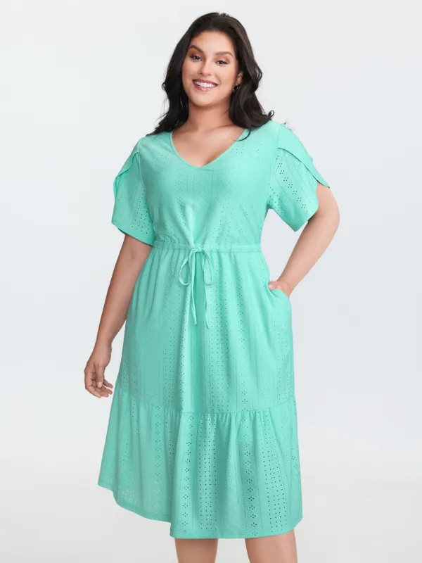 Stretchy Eyelet Textured Petal Sleeve Midi Dress sold by Bloomchic