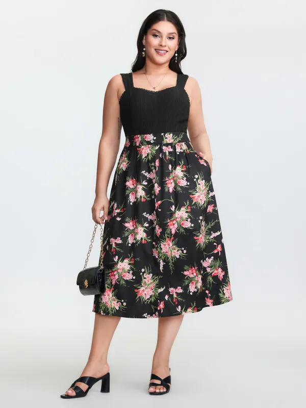 Floral Textured Lace Trim Slit Midi Dress sold by Bloomchic