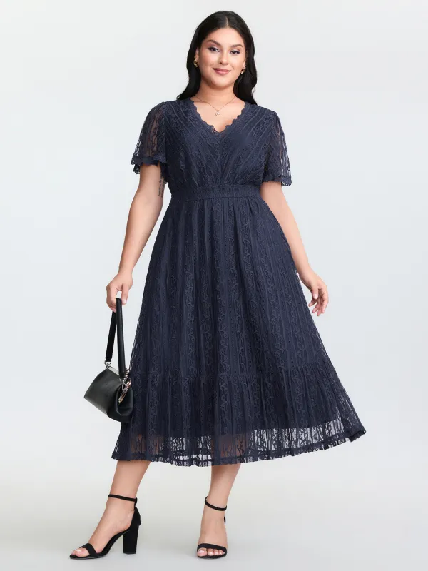 Sheer Lace Trim V-Neck Midi Dress made by Bloomchic
