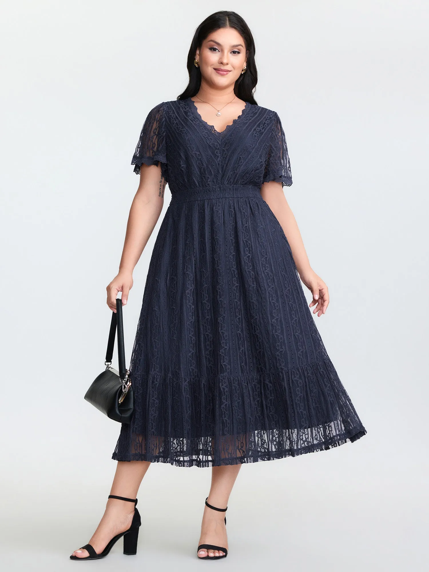 Sheer Lace Trim V-Neck Midi Dress sold by Bloomchic