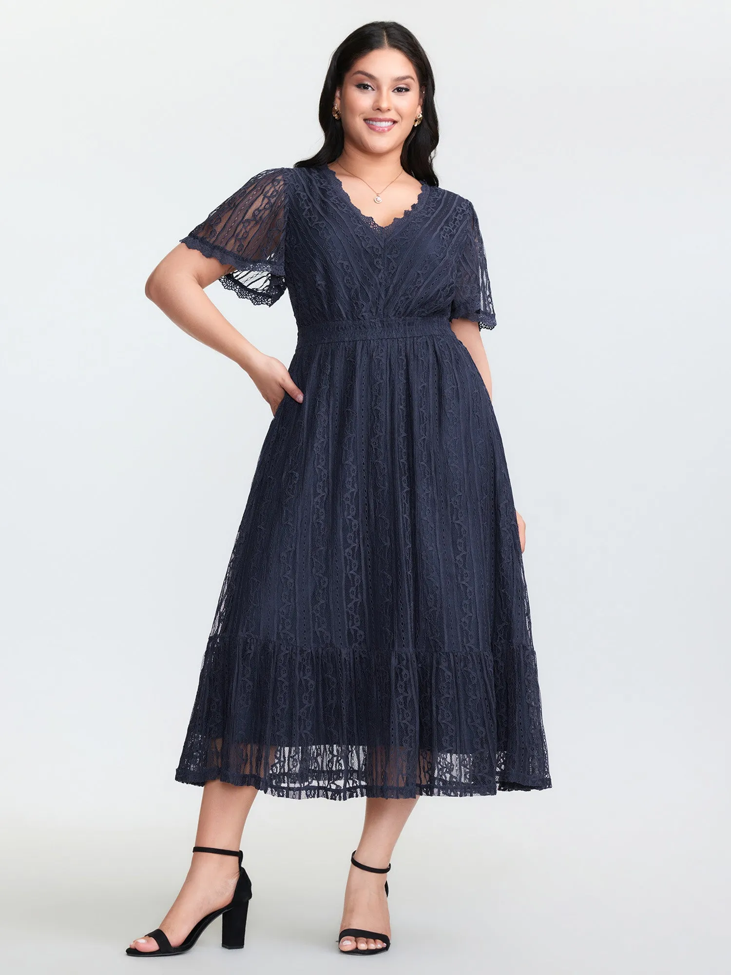 Sheer Lace Trim V-Neck Midi Dress sold by Bloomchic product image thumbnail 3