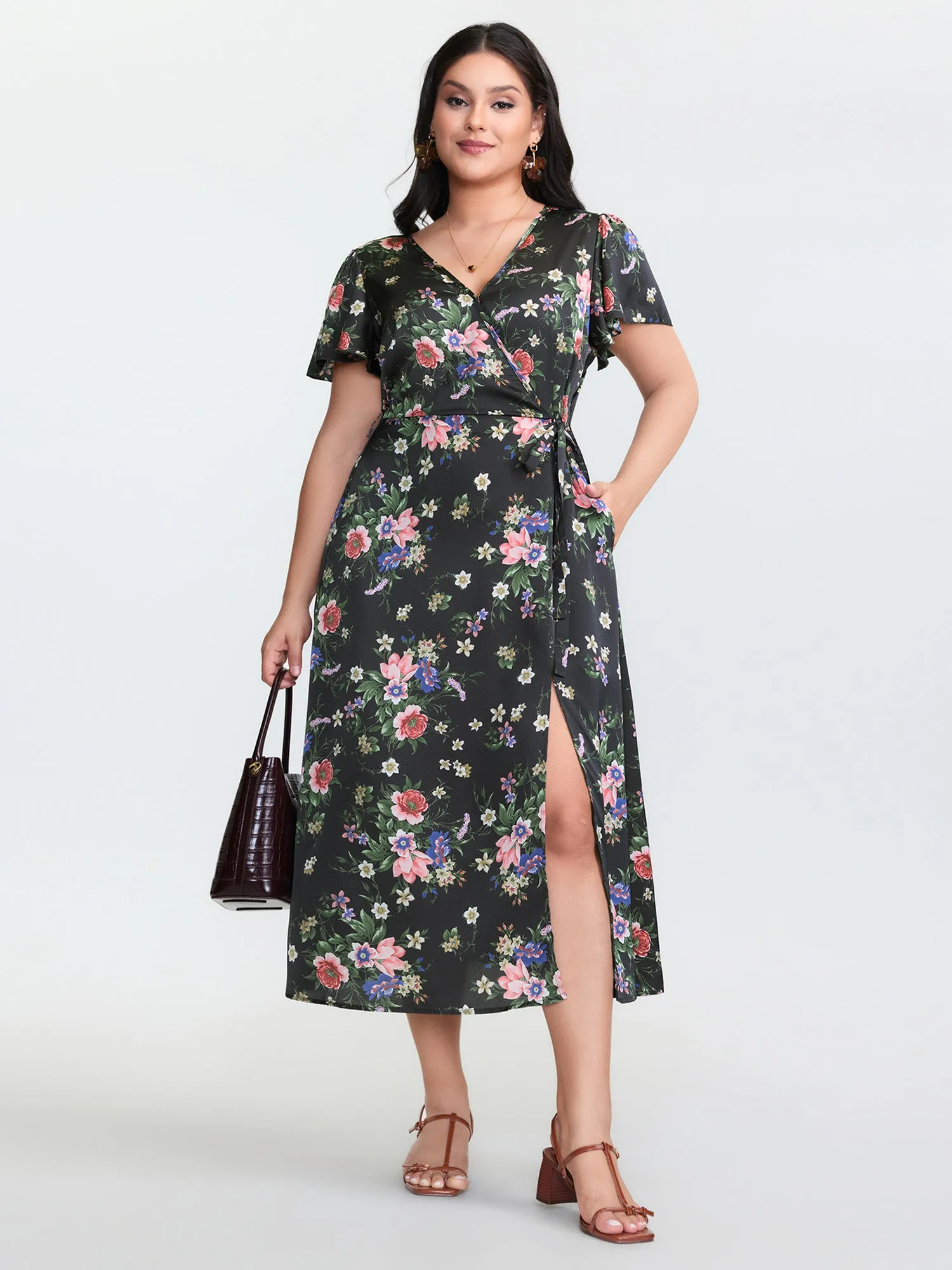 Floral Print Wrap Neckline Slit Midi Dress sold by Bloomchic product image thumbnail 3