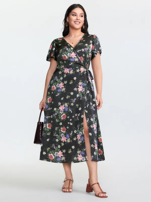 Floral Print Wrap Neckline Slit Midi Dress sold by Bloomchic