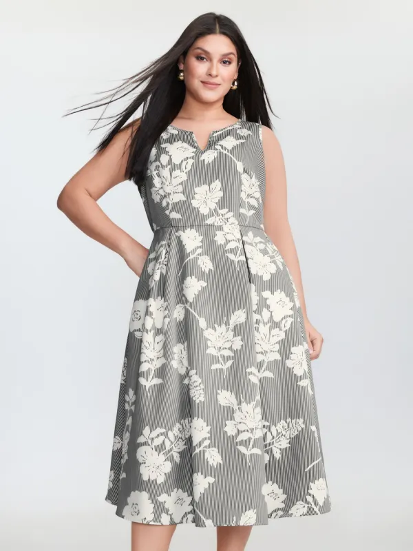 Striped Floral Print Notched Collar Midi Dress sold by Bloomchic