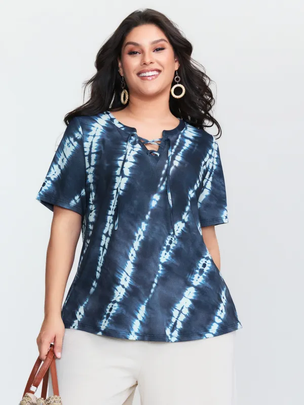 Tie-Dye Print Drawstring Neckline T-Shirt sold by Bloomchic